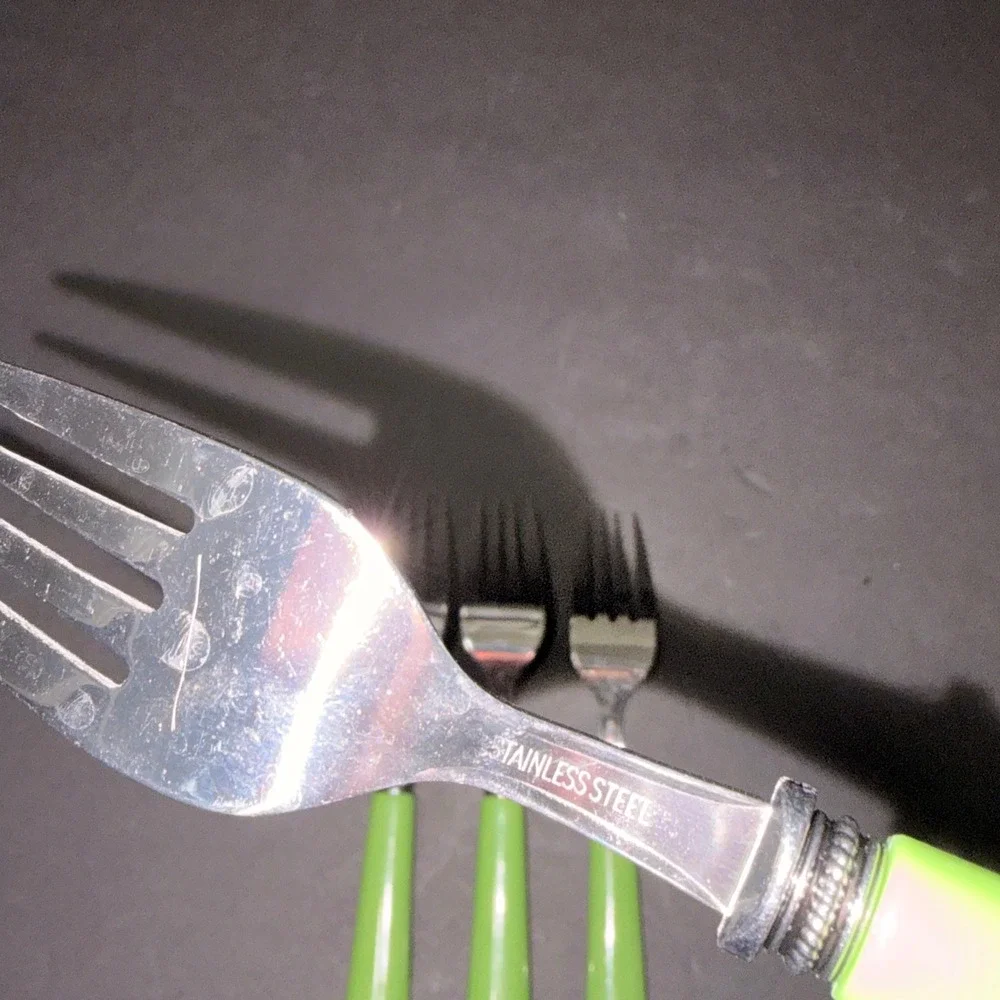 Set/4 Light Green Resin Handle Stainless Steel Salad Forks Beaded Bolster 6.75